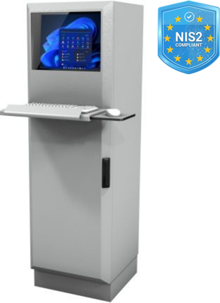 Golvstående datorskåp med skärm och tangentbord, NIS2-kompatibel kapsling för säker IT-utrustning i industriella miljöer
