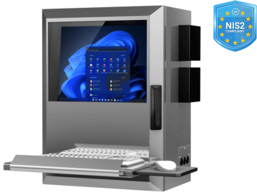 Väggmonterat datorskåp med skärm och utdragbar tangentbordshylla, NIS2-kompatibel kapsling för säker IT-utrustning i industriella miljöer